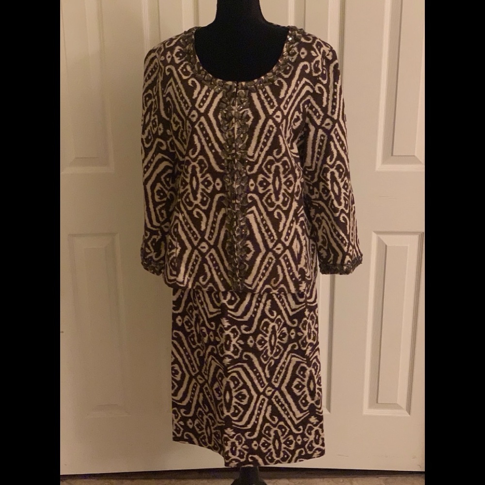 Large brown beaded Aztec print 2 piece suit